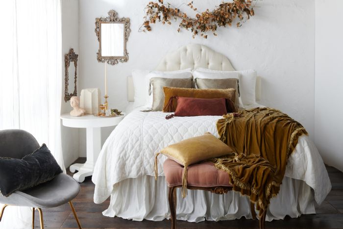 Harlow, Taline and Loulah in Winter White and Honeycomb Bella Notte Linens Bedding by Bella Notte Linens