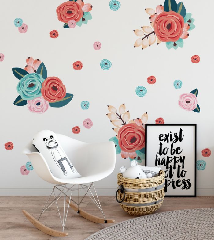 Pink, Teal, Coral Graphic Flowers Wall Decals Half Order by Wall Decals