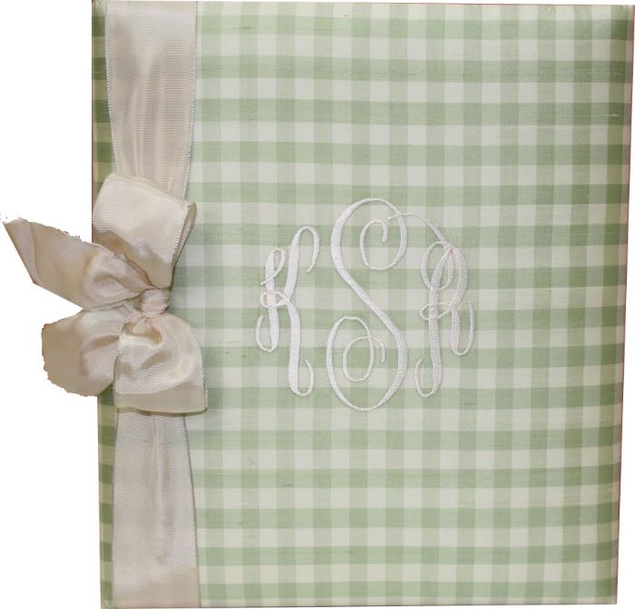 Green & White Check with White Satin Ribbon Baby Book by Jan Sevadjian Designs