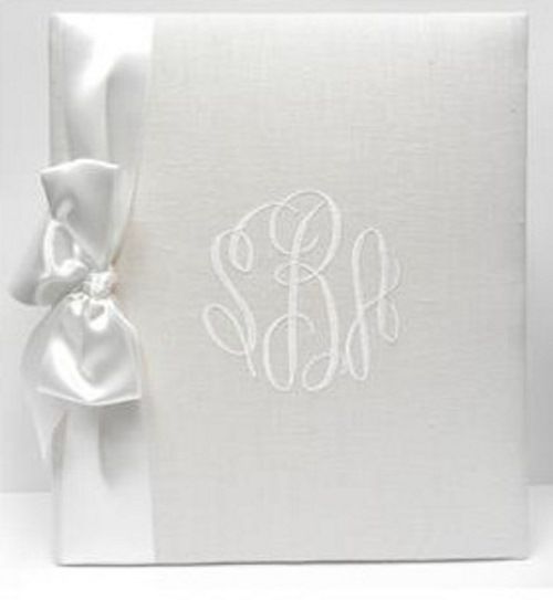 White Linen with White Satin Ribbon Baby Book by Jan Sevadjian Designs