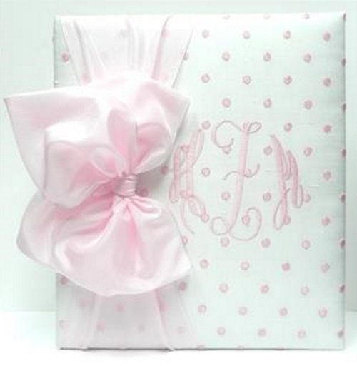 White with Pink Dot Silk and Wide Pink Bow Baby Book by Jan Sevadjian Designs
