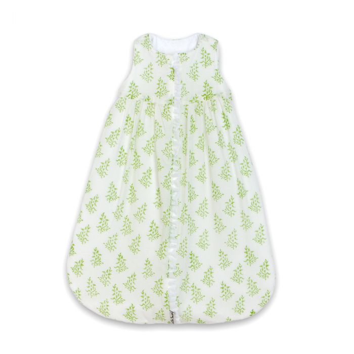 Lulla Smith Cotton Sleep Sack in White With Green Flowers Block Print by Lulla Smith