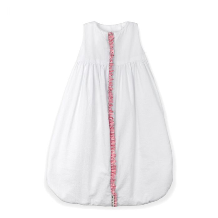 Lulla Smith Seersucker Sleep Sack in White with Coral & White Check Trim by Lulla Smith