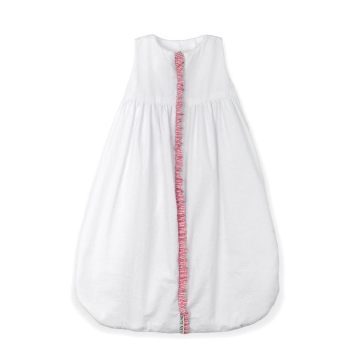 Lulla Smith Seersucker Sleep Sack in White with Coral & White Check Trim by Lulla Smith