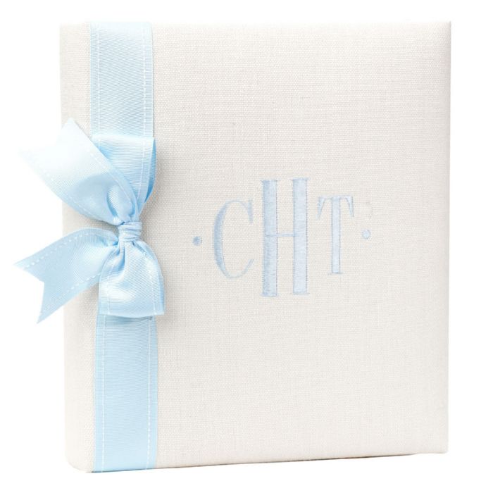 White Linen with Blue Stitch Baby Book by Jan Sevadjian Designs