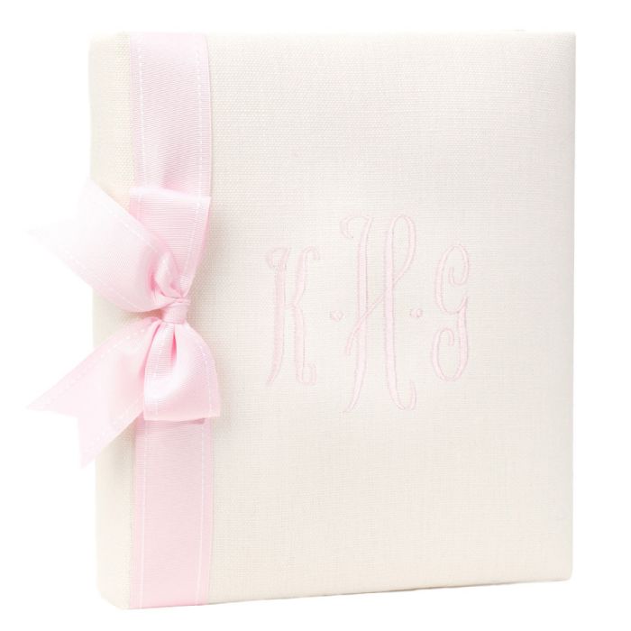 White Linen with Pink Stitch Baby Book by Jan Sevadjian Designs