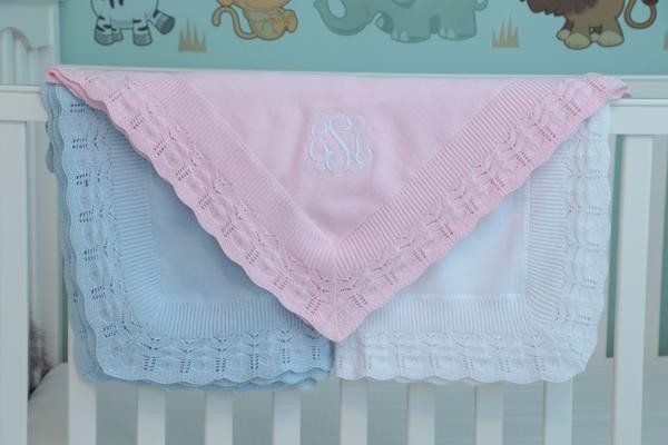 Monogrammed Cotton Jersey Baby Blanket with Scallop Lace Border by ASI