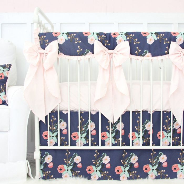 Berkeley's Navy & Blush Floral Bumperless Crib Bedding by Caden Lane