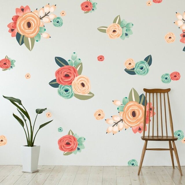 Coral/Teal/Orange Graphic Flower Wall Decals by Wall Decals