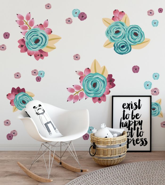 Gold, Purple and Teal Graphic Flower Clusters Wall Decals - Half Order by Wall Decals