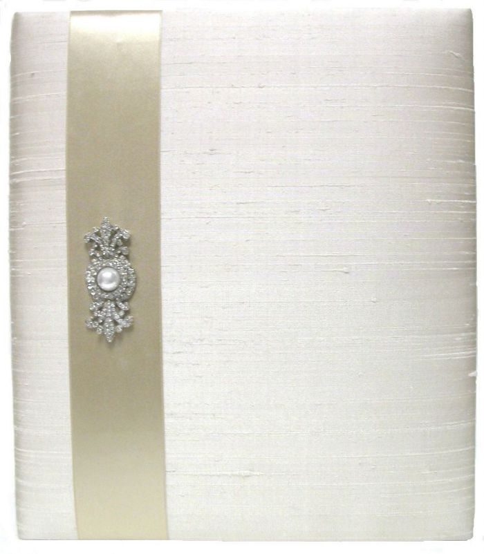 Ivory Silk with Cafe Satin Band Pearl Brooch Wedding Record Book by Jan Sevadjian Designs