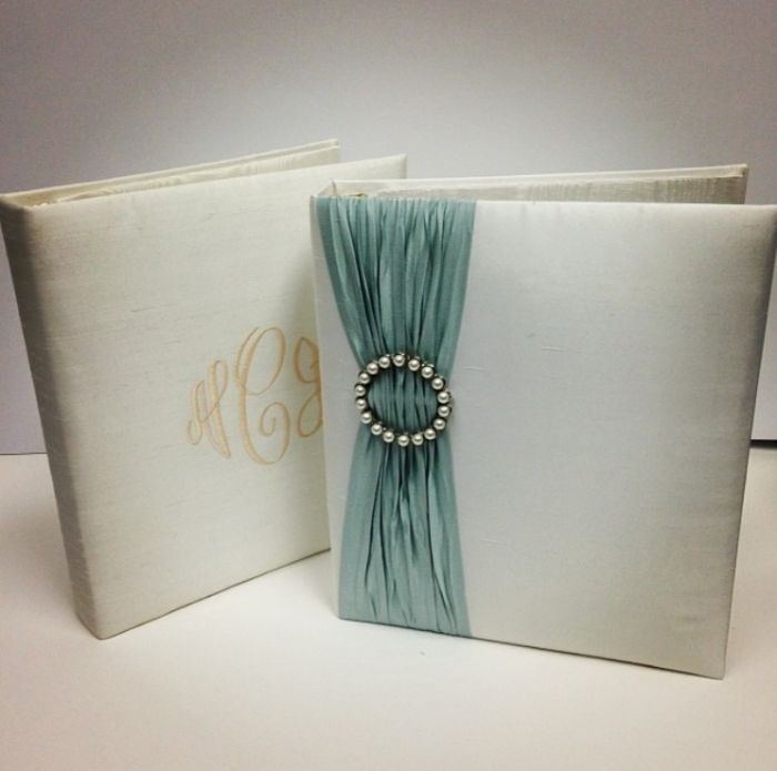 Ivory Silk with Celadon Pleated Ribbon and Pearl Circle Brooch Wedding Record Book by Jan Sevadjian Designs