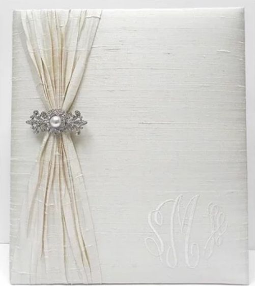 Ivory Silk Pleat Wedding Record Book with Diamond Pearl Brooch by Jan Sevadjian Designs