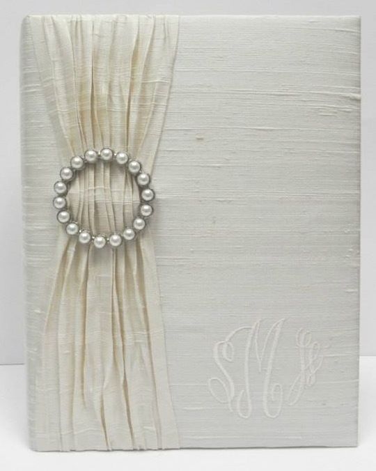 Ivory Silk with Ivory Pleated Ribbon and Pearl Buckle Brooch Wedding Record Book by Jan Sevadjian Designs
