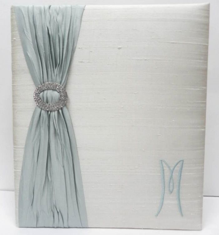 Ivory Silk with Tiffany Silk Pleated Ribbon and Oval Diamond Brooch Wedding Record Book by Jan Sevadjian Designs
