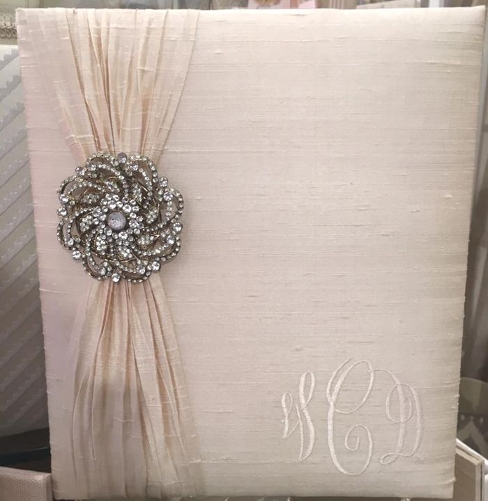 Ivory Silk Pleat Wedding Record Book with Diamond Circle Brooch by Jan Sevadjian Designs