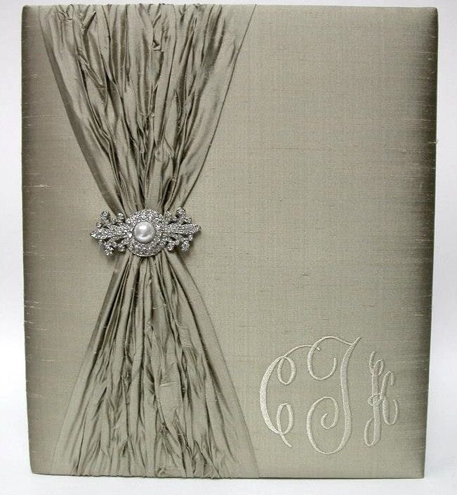 Champagne Pearl Silk Pleat Wedding Record Book with Diamond Pearl Brooch by Jan Sevadjian Designs