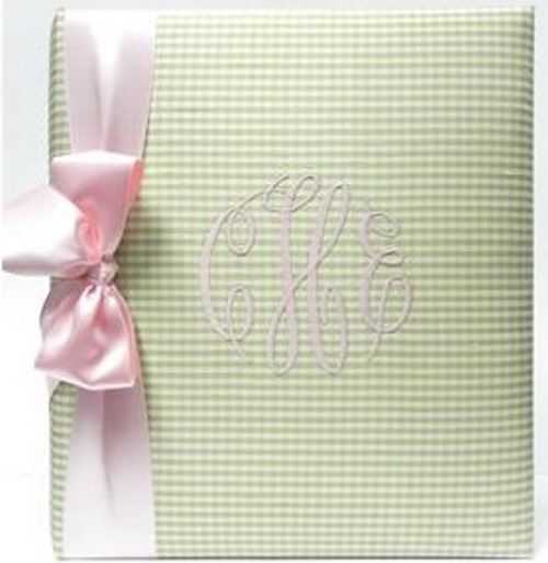 Mint Green Baby Check with Pink Satin Ribbon Baby Book by Jan Sevadjian Designs