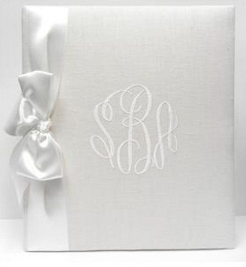 White Linen with White Satin Ribbon Baby Book by Jan Sevadjian Designs