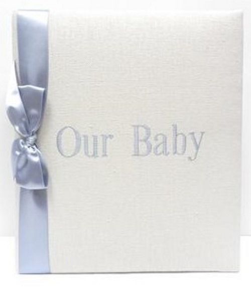 White Linen with Woad Blue Satin Bow Baby Book by Jan Sevadjian Designs
