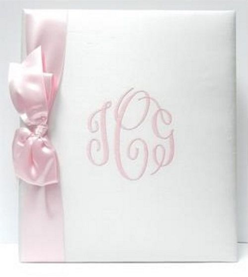 White Silk with Pink Cherry Satin Ribbon Baby Book by Jan Sevadjian Designs