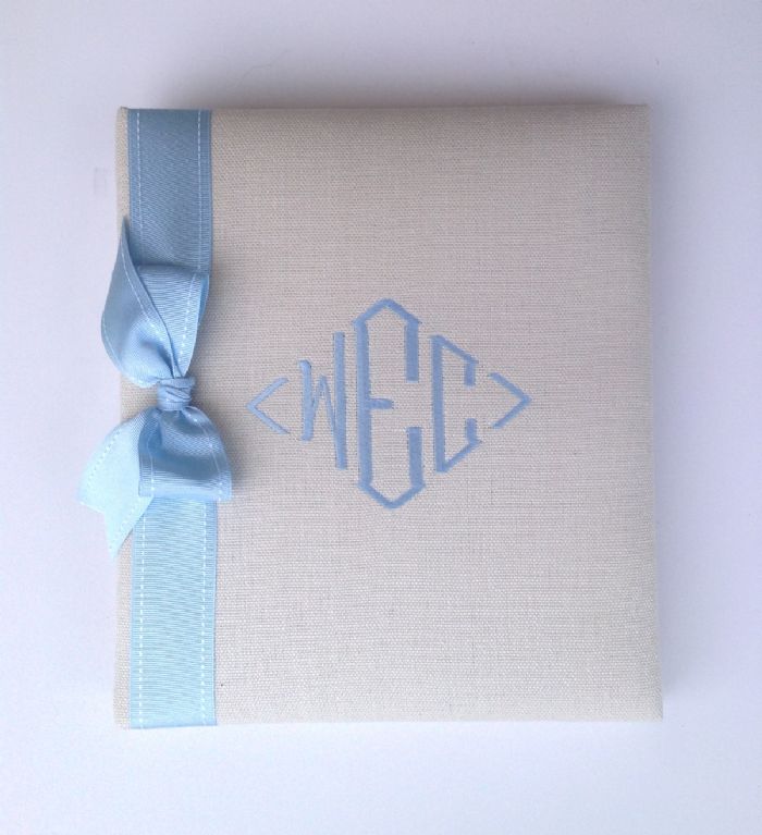 Bone Linen with Blue Stitch Baby Book by Jan Sevadjian Designs