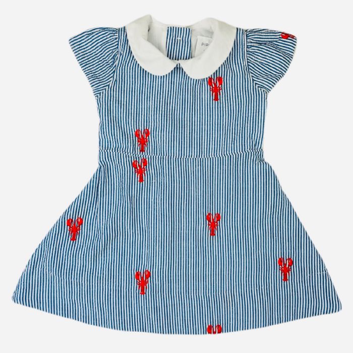 Dress with Red Embroidered Lobsters and Peter Pan Collar in Blue Seersucker by Piping Prints