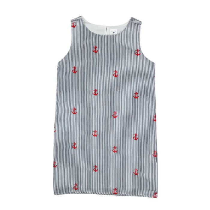Dress with Red Embroidered Anchors in Navy Seersucker - WOMEN'S by Piping Prints