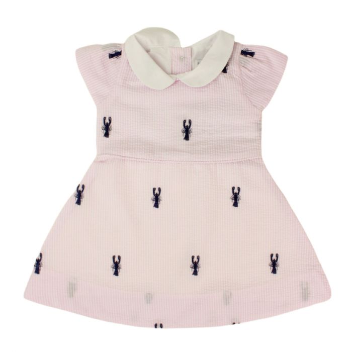 Dress with Navy Embroidered Lobsters and Peter Pan Collar in Pink Seersucker by Piping Prints