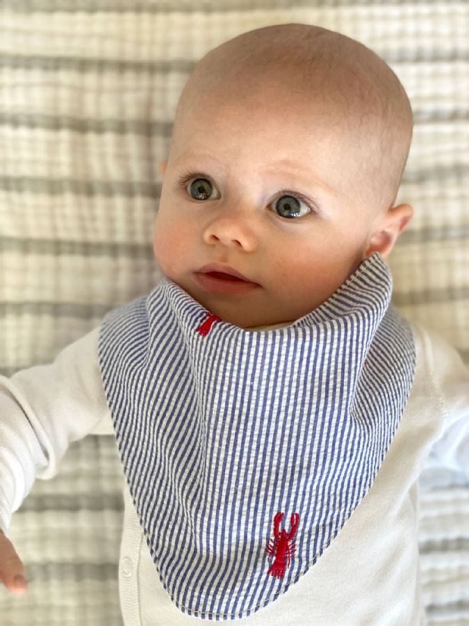 Bandana Bib with Red Embroidered Lobsters in Seersucker by Piping Prints