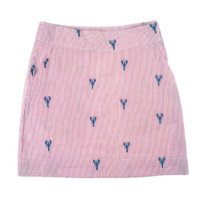 Skirt with Navy Embroidered Lobsters in Seersucker by Piping Prints