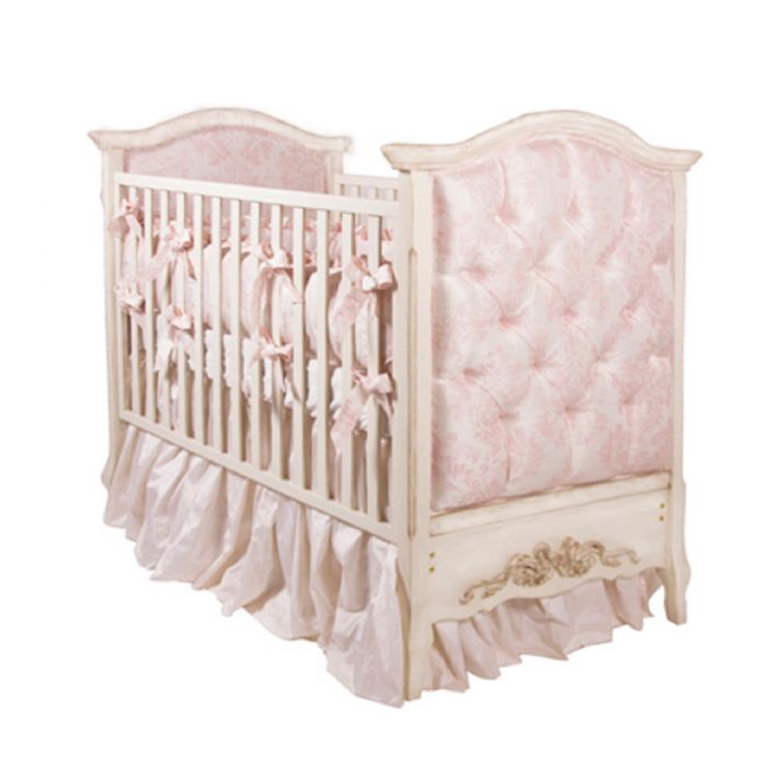 Bordeaux French Panel Upholstered Crib in Versailles with Pink Damask by AFK Art For Kids