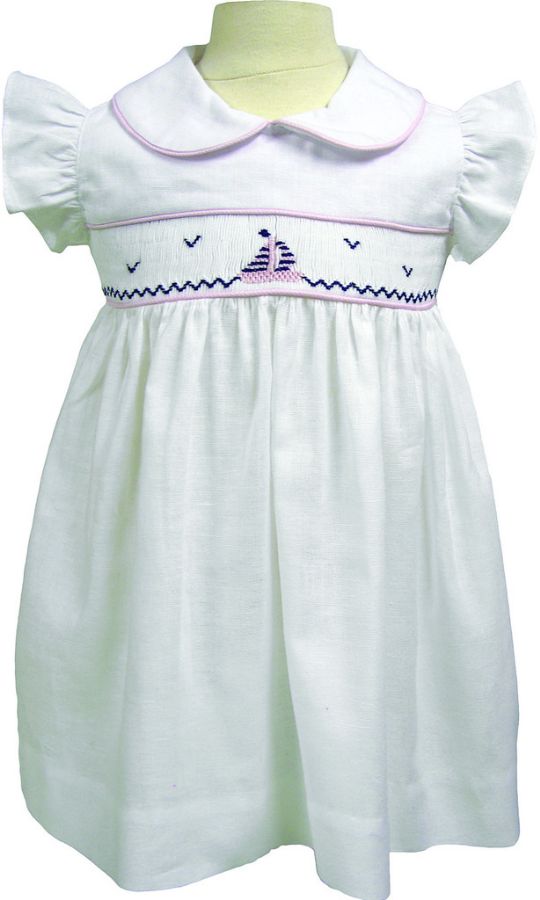 Smocked Sailboat Dress in White Seersucker by ASI