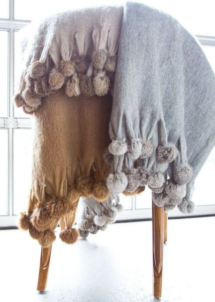 Wool Blend Mohair Trimmed Blanket with Rabbit Fur Pom Poms by ASI