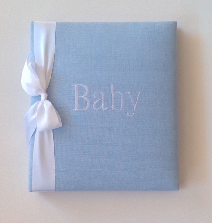 Sky Blue Linen with White Satin Ribbon Baby Book by Jan Sevadjian Designs
