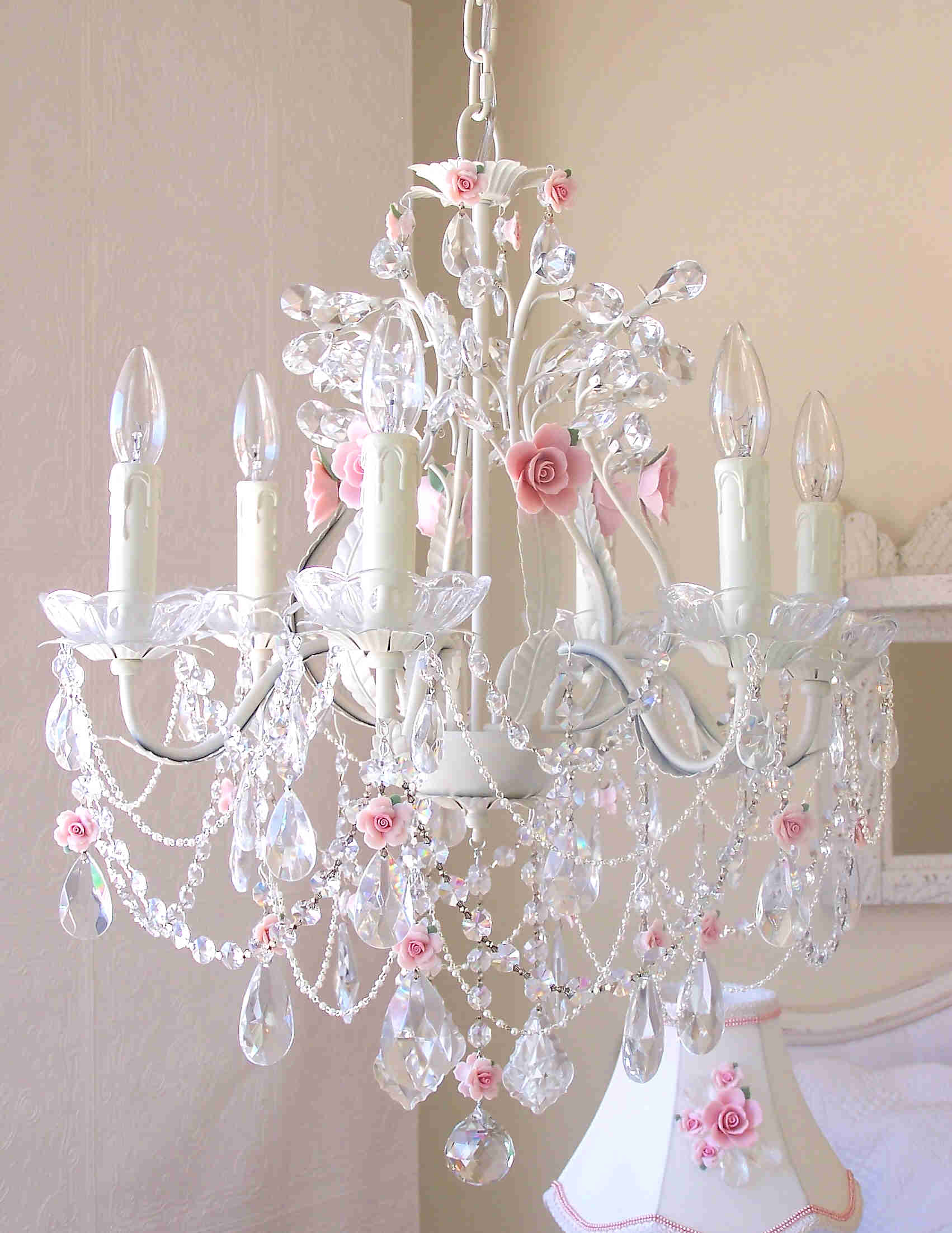 6 Light Crystal Chandelier with Pink Porcelain Roses by A Vintage Light