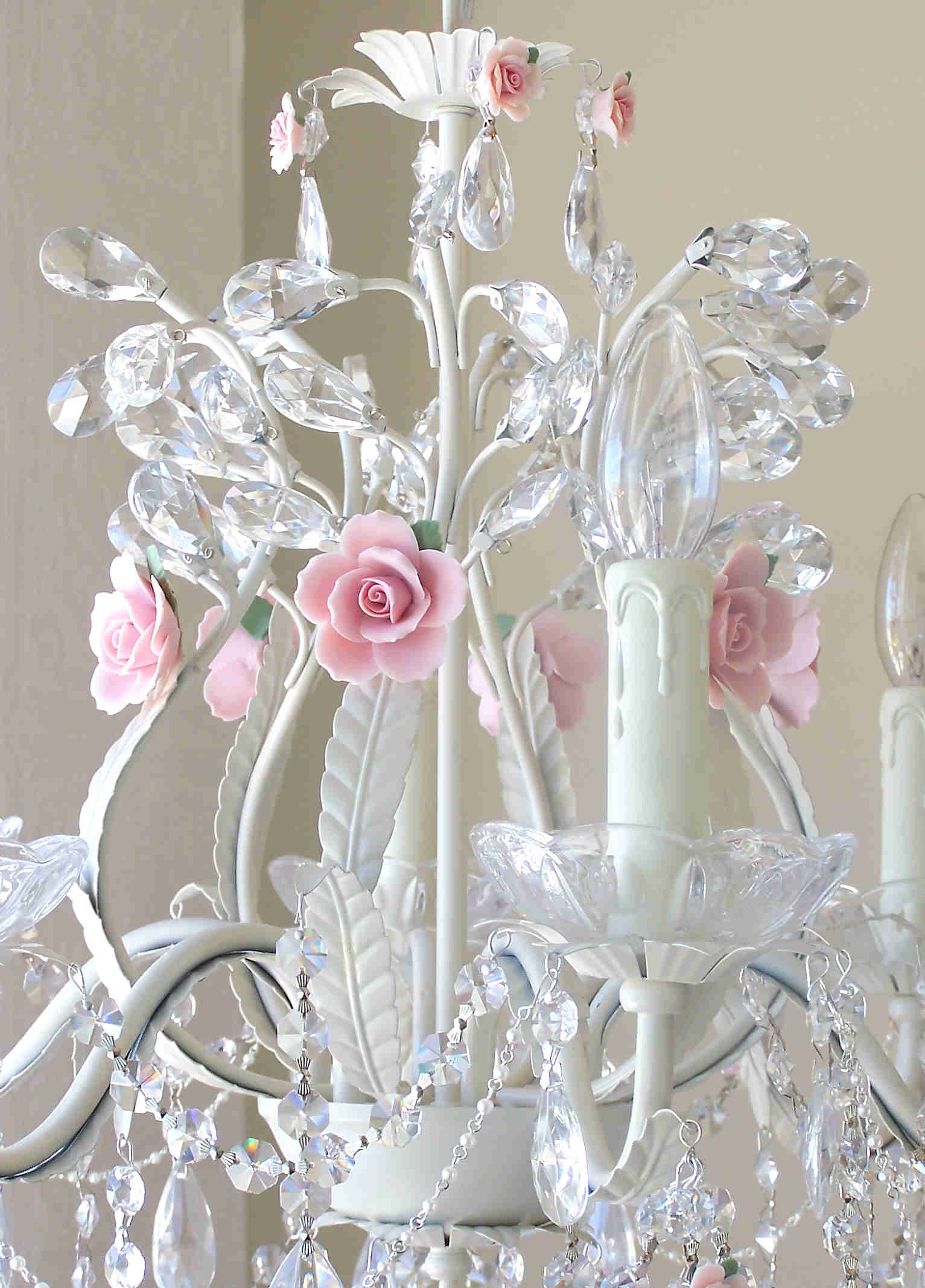 6 Light Crystal Chandelier with Pink Porcelain Roses by A Vintage Light