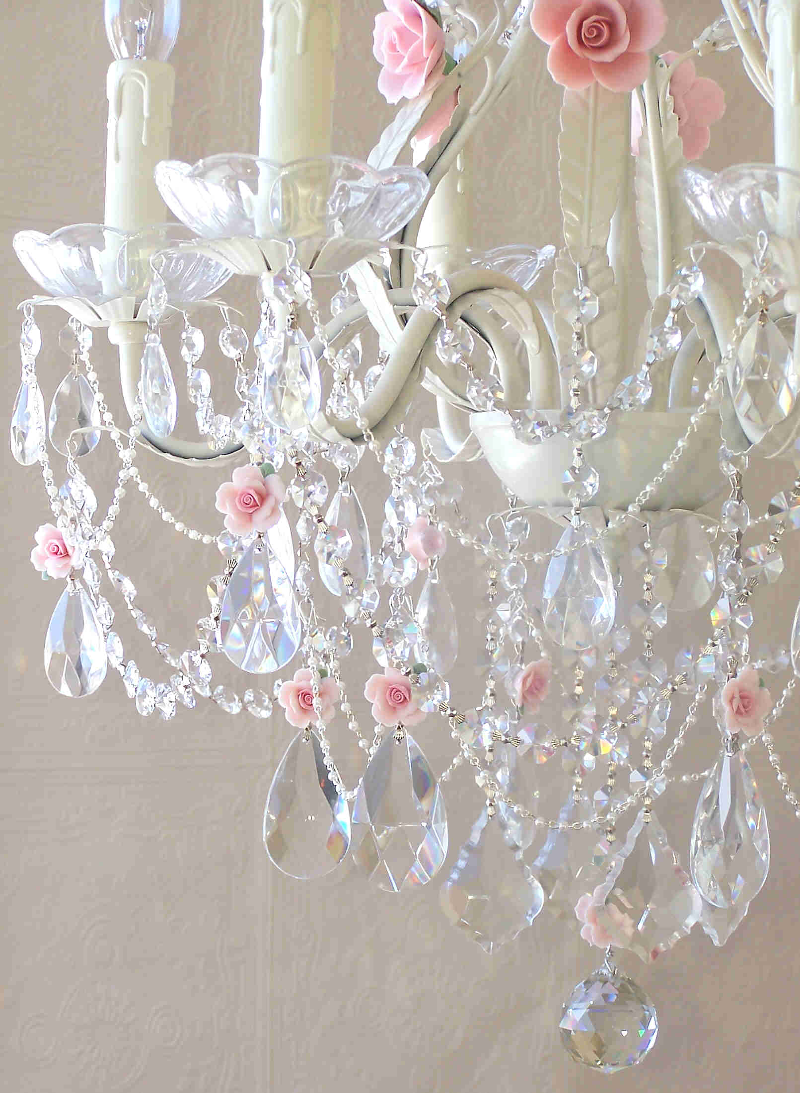 6 Light Crystal Chandelier with Pink Porcelain Roses by A Vintage Light
