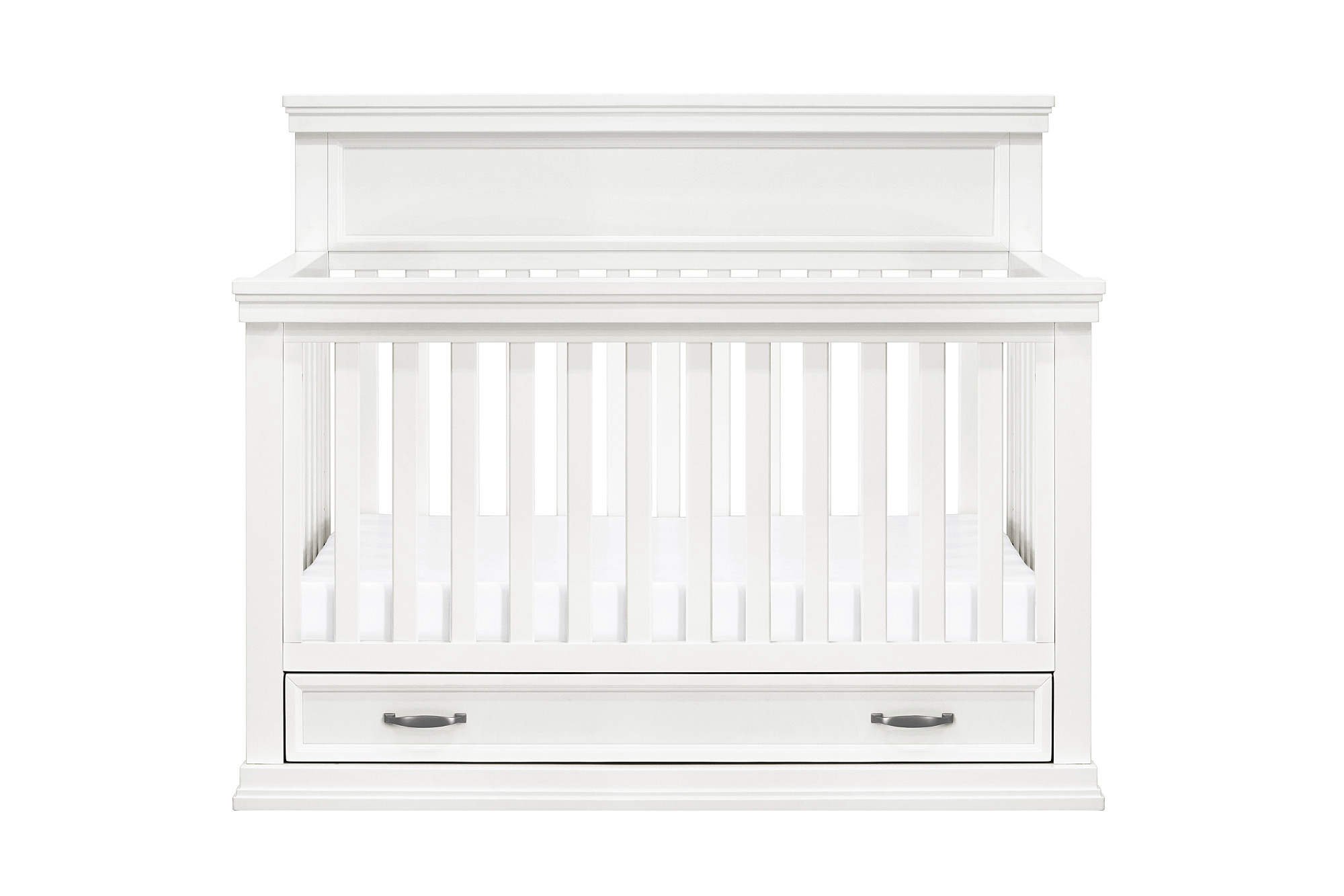 white crib with drawer underneath