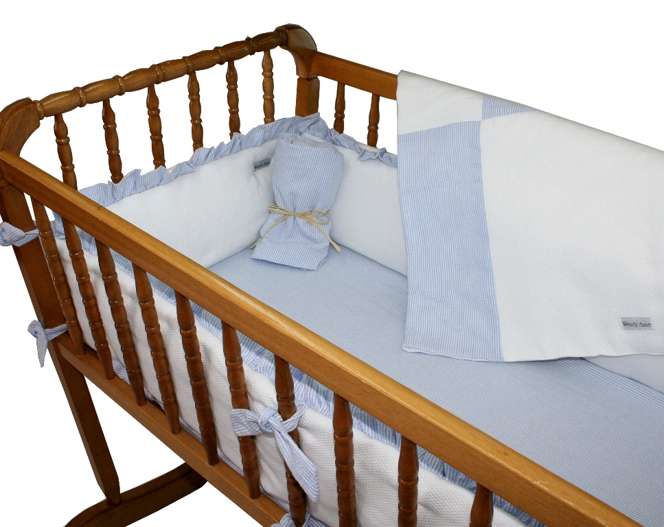 White Pique with Blue Seersucker Cradle Bedding by Wendy Anne