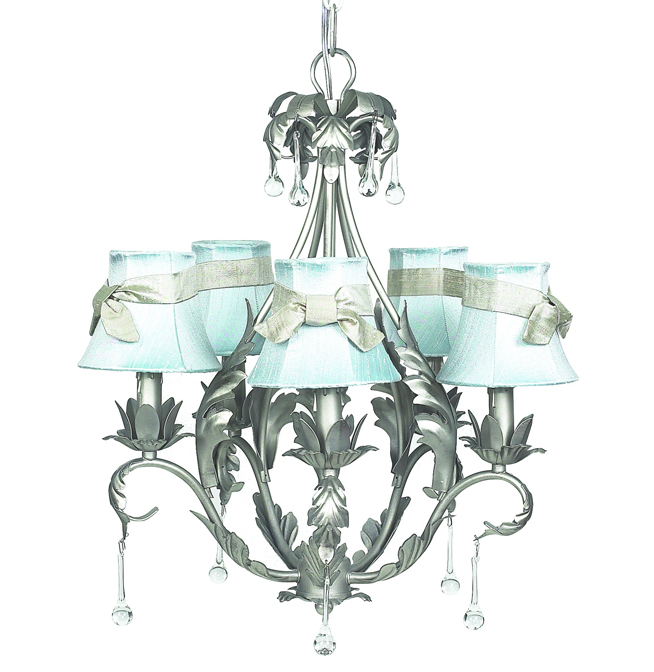 5 Arm Caesar Chandelier in Pewter with Blue Shades & Champagne Bows by